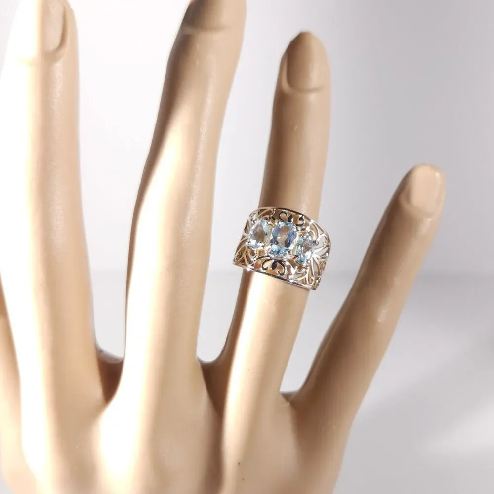 Sky Blue Topaz Filigree Ring Sterling Silver Size 5-3/4